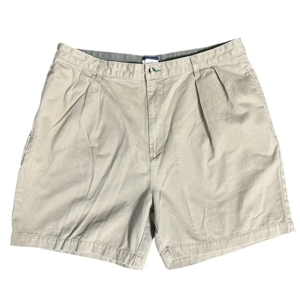 Tommy Hilfiger Men Size 38 Khaki Pleated Logo Embroidered Chino Shorts Loose Fit